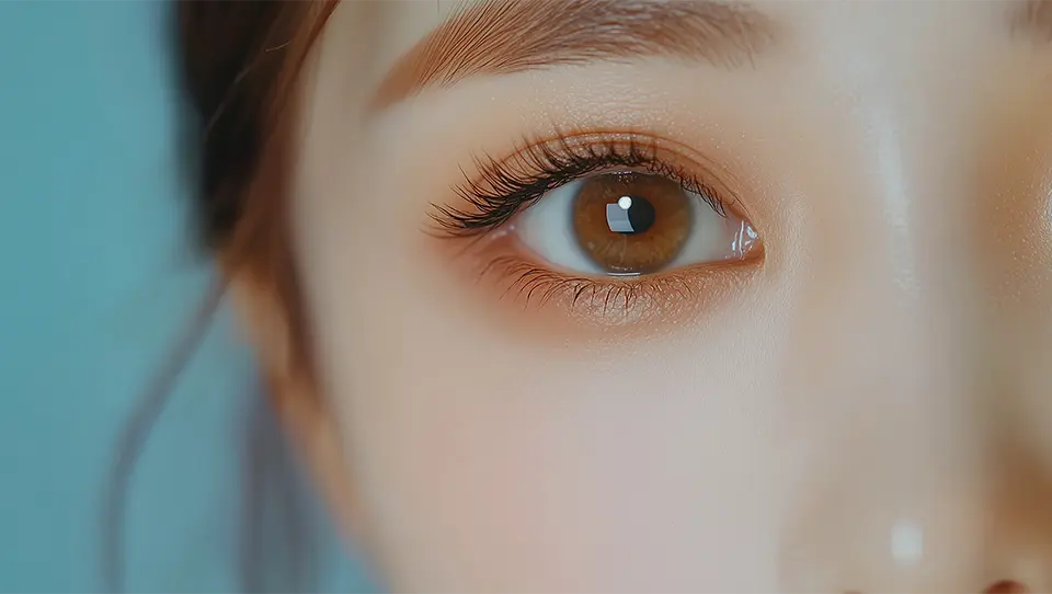 長く美しいまつ毛の女性の目のアップ