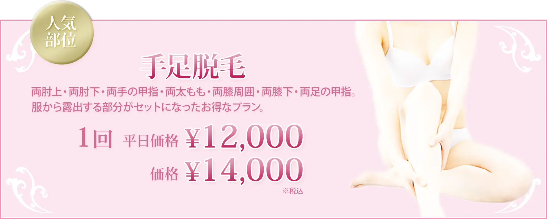 手足脱毛 両肘上・両肘下・両手の甲指・両太もも・両膝周囲・両膝下・両足の甲指 服から露出する部分がセットになったお得なプラン